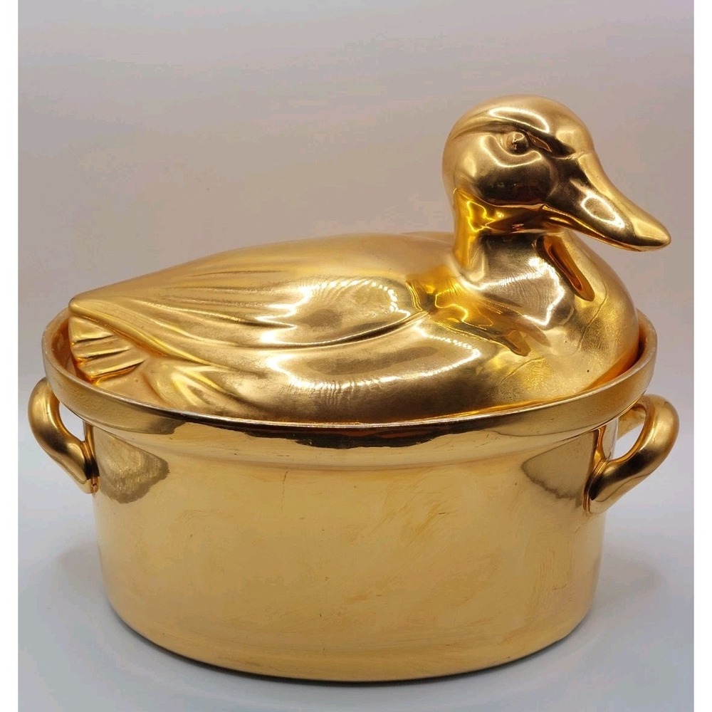 Vintage Hall China Gumps San Francisco Golden Glo 22K Gold Duck Casserole MCM